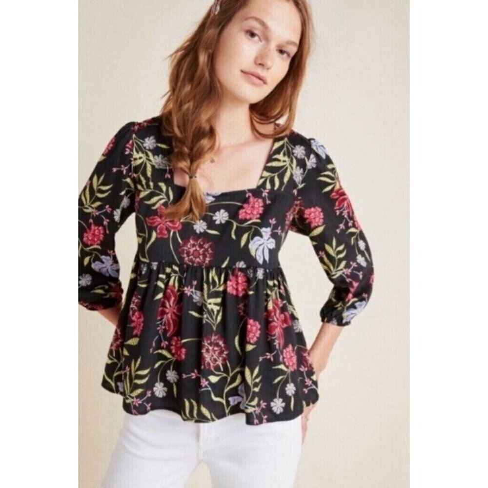 Anthropologie Dolan Left Coast Cherie Black Floral Babydoll Top Size XS